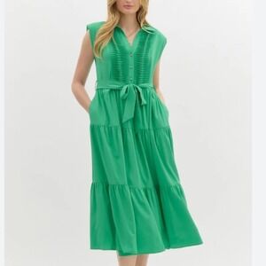 Picnic Ready Green Pleated Tiered Midi Dress Sleeveless Belted Medium